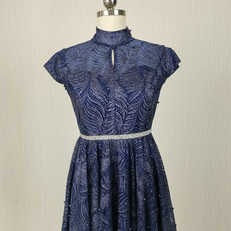 Customized Real Photo Flower Girl Dress Navy Blue Glitter High neck Sleeveless Lace up A-line Floor Length Kid Gowns TZ025