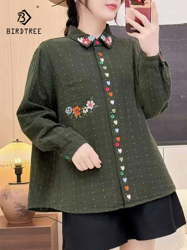 

New 2025 Winter Cotton Yarn Long Sleeve Shirt, Women Turn-down Collar Embroidery, Mori Girl Retro Casual Loose Blouse T5N925CC