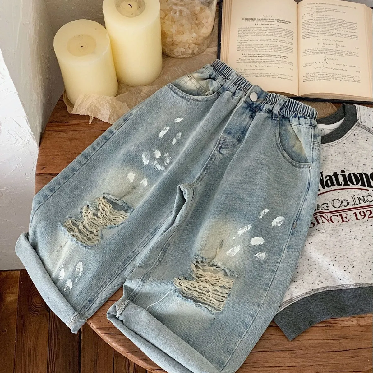

Children's jeans Spring and Autumn unisex personalized spray painted jeans Baby ripped pants