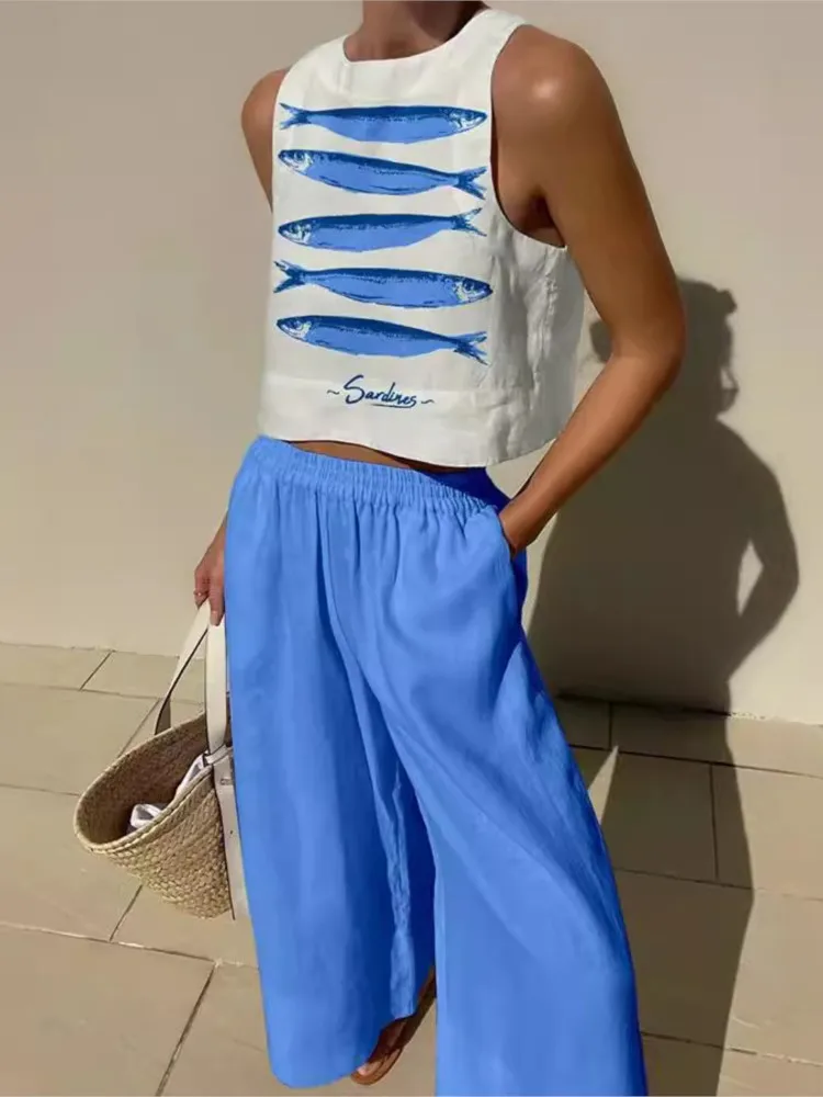Sommer-Druck-Set für Damen, lässig, O-Ausschnitt, ärmellos, Pullover, Tops + Hose mit weitem Bein, 2-teiliges Set für Damen, Urlaub, Strand, Damenbekleidung