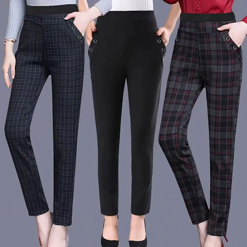 Frühling und Herbst frauen Hosen Mittleren alters und Ältere Hohe taille Elastische Hosen Mutter Plaid Casual Hosen Sommer