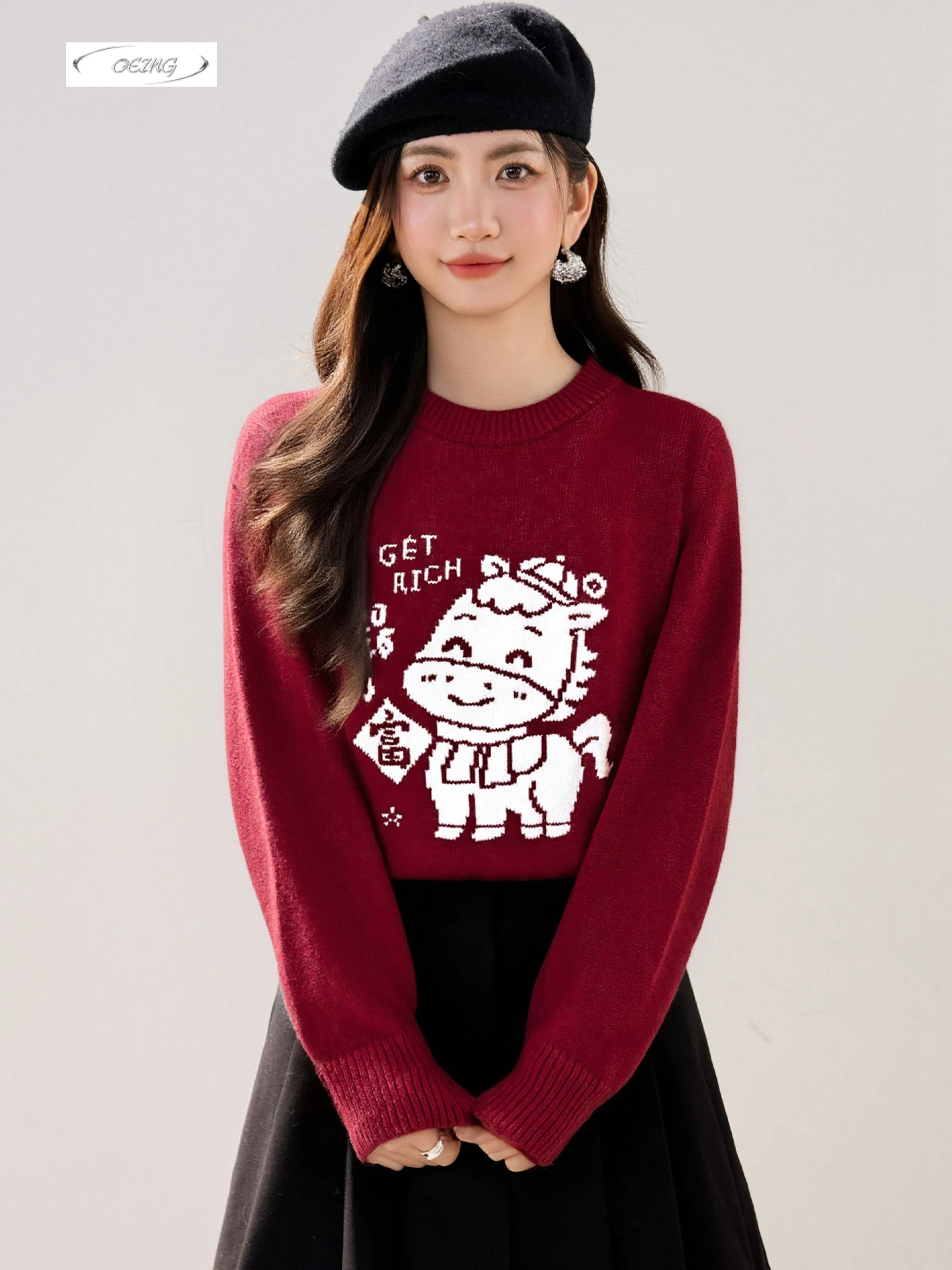 

New Year Horse Pattern Thick Red Knitted Pullover Sweater for Women Tops Autumn Winter Elegant Loose Basic Girl Knitwear 9819
