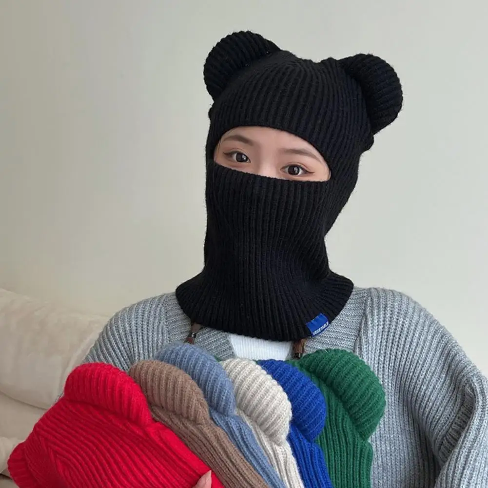 

New Balaclava Hat Autumn and Winter Knitted Pullover Cap Bear Ears Outdoor Warm Riding Windproof Integrated Scarf Beanie Hats