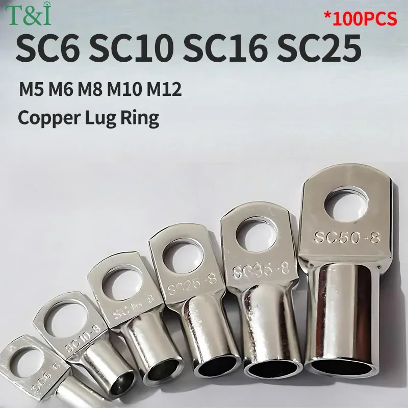 

100pcs Copper Lug Ring Wire Connectors Cable Electric Crimp Terminal SC6-6 SC6-8 SC10-6 SC10-8 SC16-6 SC16-10 SC25-6 SC25-12