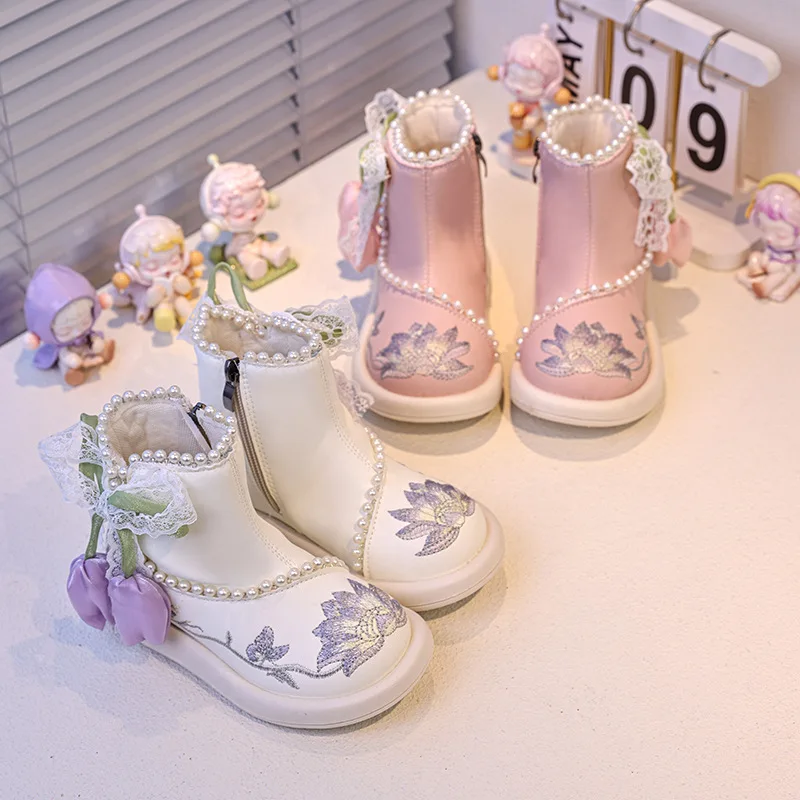 

Kids'Casual Shoes ​​​Skate shoes PU Leather Flats Winter Shoes For Girls Embroidered​ Anti-slip Warm Pink Beige Shoes Size 26-36