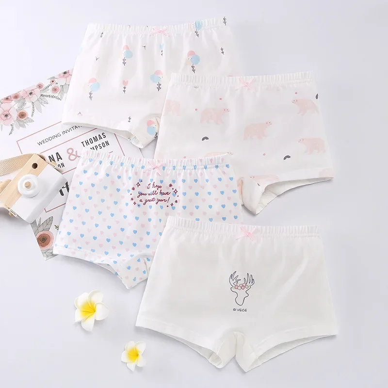 4PCS Girls Cotton Panties Kid Antibacterial Boxer Brief 2+y Young Child Cartoon Underwears Toddler Thin Breathable Cute Knickers