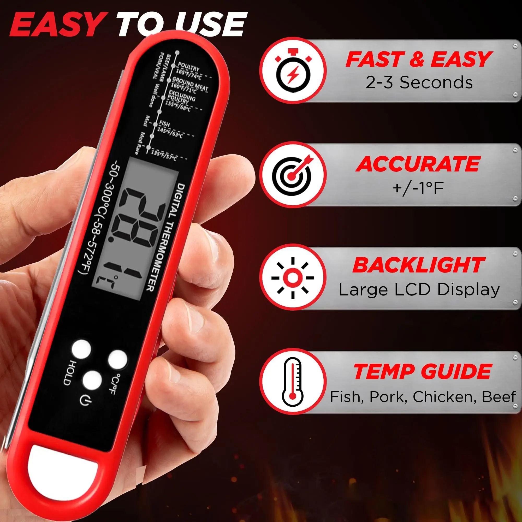 Digital Meat Thermometer Instant Read Waterproof Food BBQ Thermometer Backlight Calibration Thermometer Kitchen Outdoor Cooking