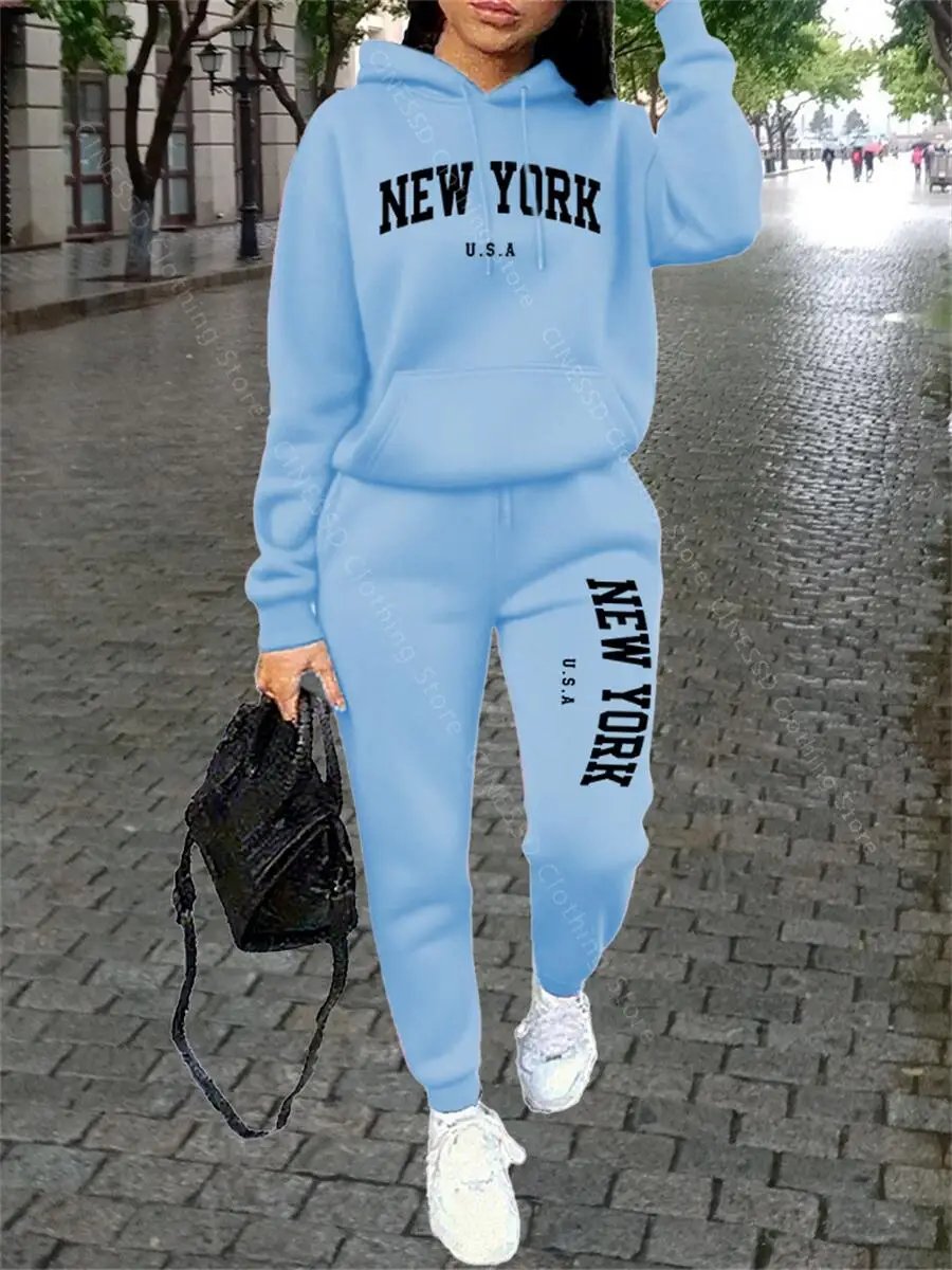 نيويورك المرأة Sweatsuit الخريف الشتاء قطعتين مجموعة هوديي السراويل عالية الجودة فضفاضة أزياء الشارع الشهير السيدات رياضية وتتسابق