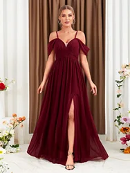 ICCLEK Wedding Party Bridesmaid Dress A-Line Cold Shoulder Burgundowa sukienka wizytowa z rozcięciem Vestido De Gala Noche Mujer