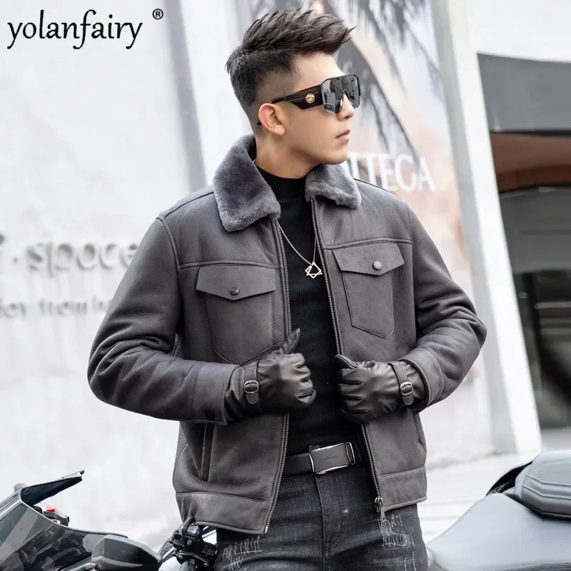 Original Fur Coat Men's Winter Jacket Natural Sheepskin Fur Jackets Male Polo Neck Short Motorcycle Men Leather and Fur Fashion