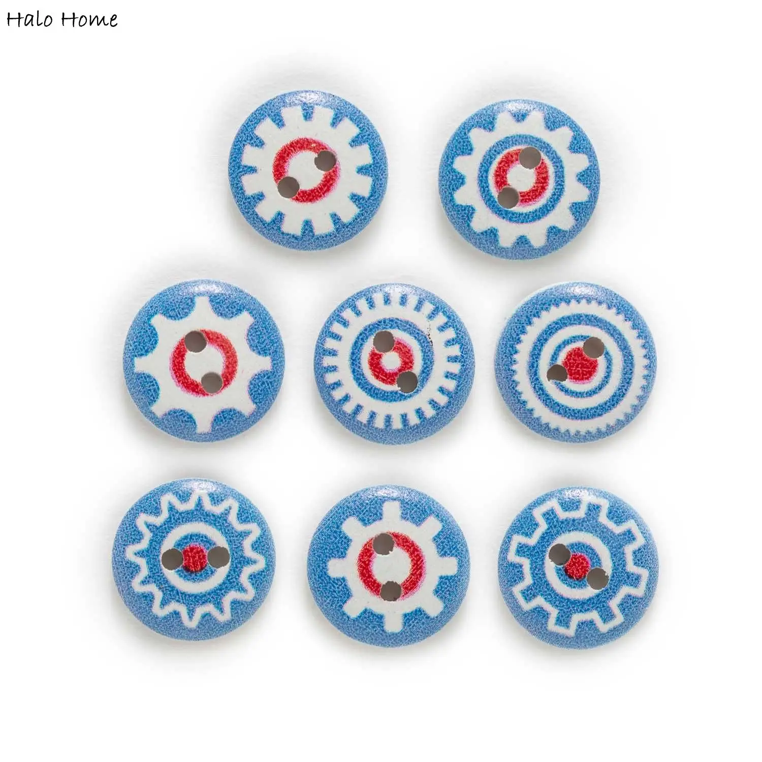 50pcs Blue Red Mix Gear Printing Richly Colorful Round Wood Buttons Sewing Scrapbooking Clothing Crafts Handwork DIY 15mm