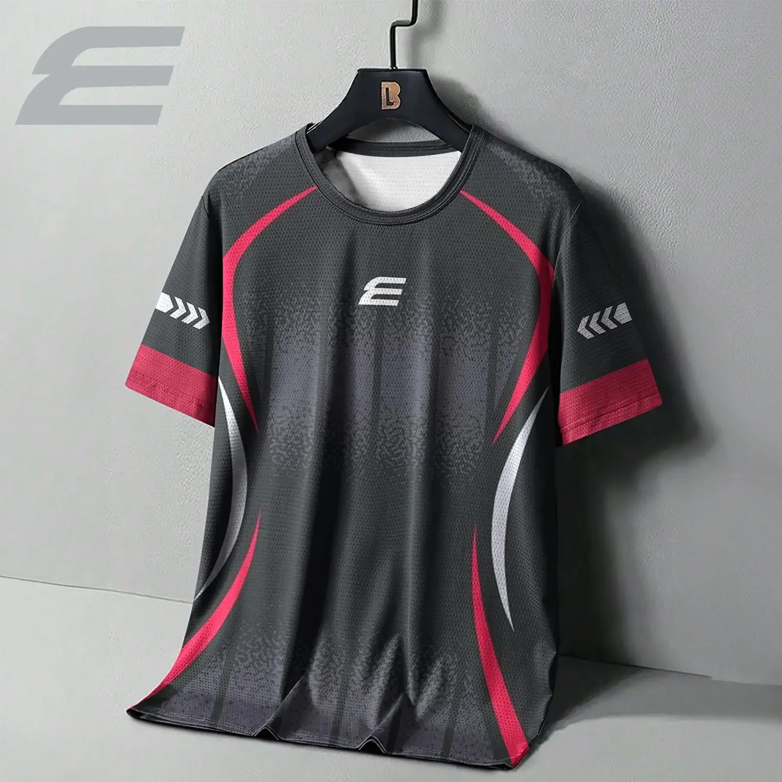 Fashion Men's Breathable Mesh Sports T-shirt Black Red Geometric Racing Graphic Tee Casual Crew Neck Athletic T Shirt Tops