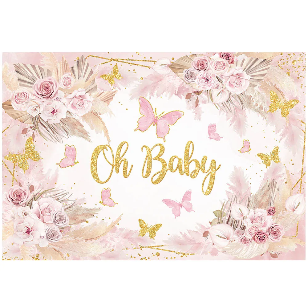 Mocsicka Bohemian Baby Shower Backdrop Boho Flowers Pampas Grass Butterfly Pink Girl Welcome Party Decor Photo Background Banner