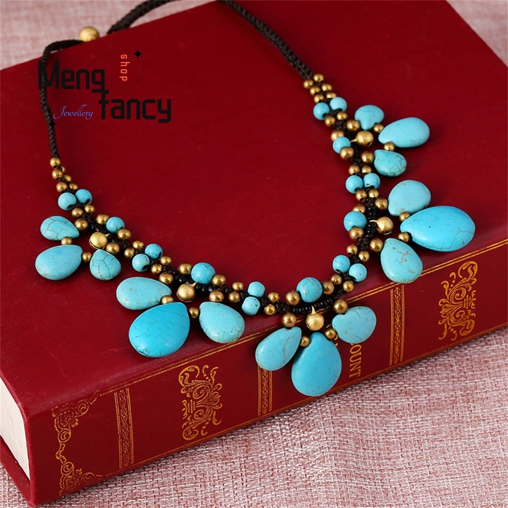 New Bohemian-Style Wax Thread Hand-Woven Collarbone Chain Turquoise Melon Seed Pendant Short Necklace Fashion Exquisite Jewelry