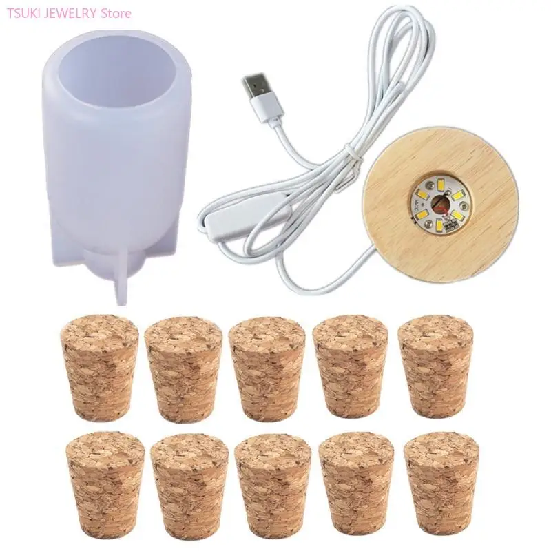 

62KE Cylindrical Bottle Lamp Resin Mold with Switch USB Powered Wooden Lighting Base