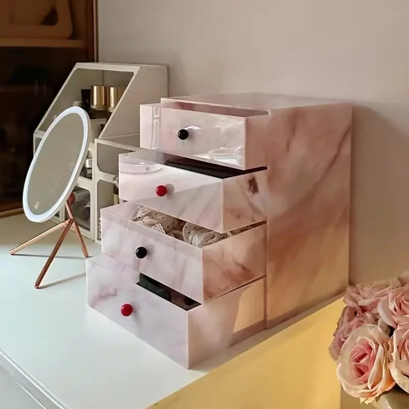 Pink Marble Pattern Acrylic Desktop Storage Drawer Organizer,Multi Layer Cosmetic Jewelry Storage Box for Makeup Office Supplies