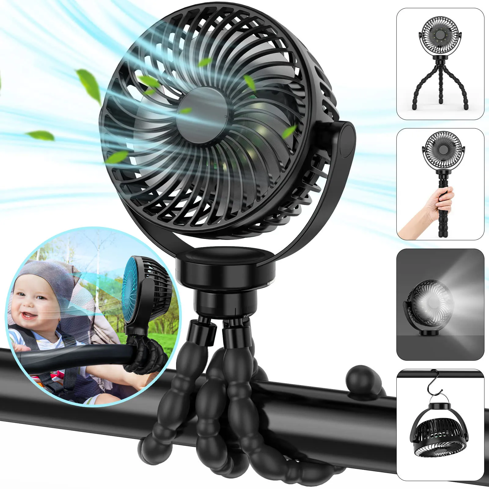 

Portable USB Rechargeable Fan with Tripod Clip, Mini Stroller Fan for Baby,Summer Air Cooler,Handheld Hanging Desk,for Camping