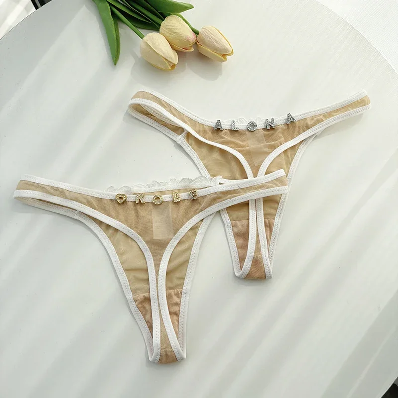 Custom Name Thongs Crystal Letter Lace Embroidery Flower Sexy Woman Panties Personalized G-String tanga For Wife Lovers Gifts