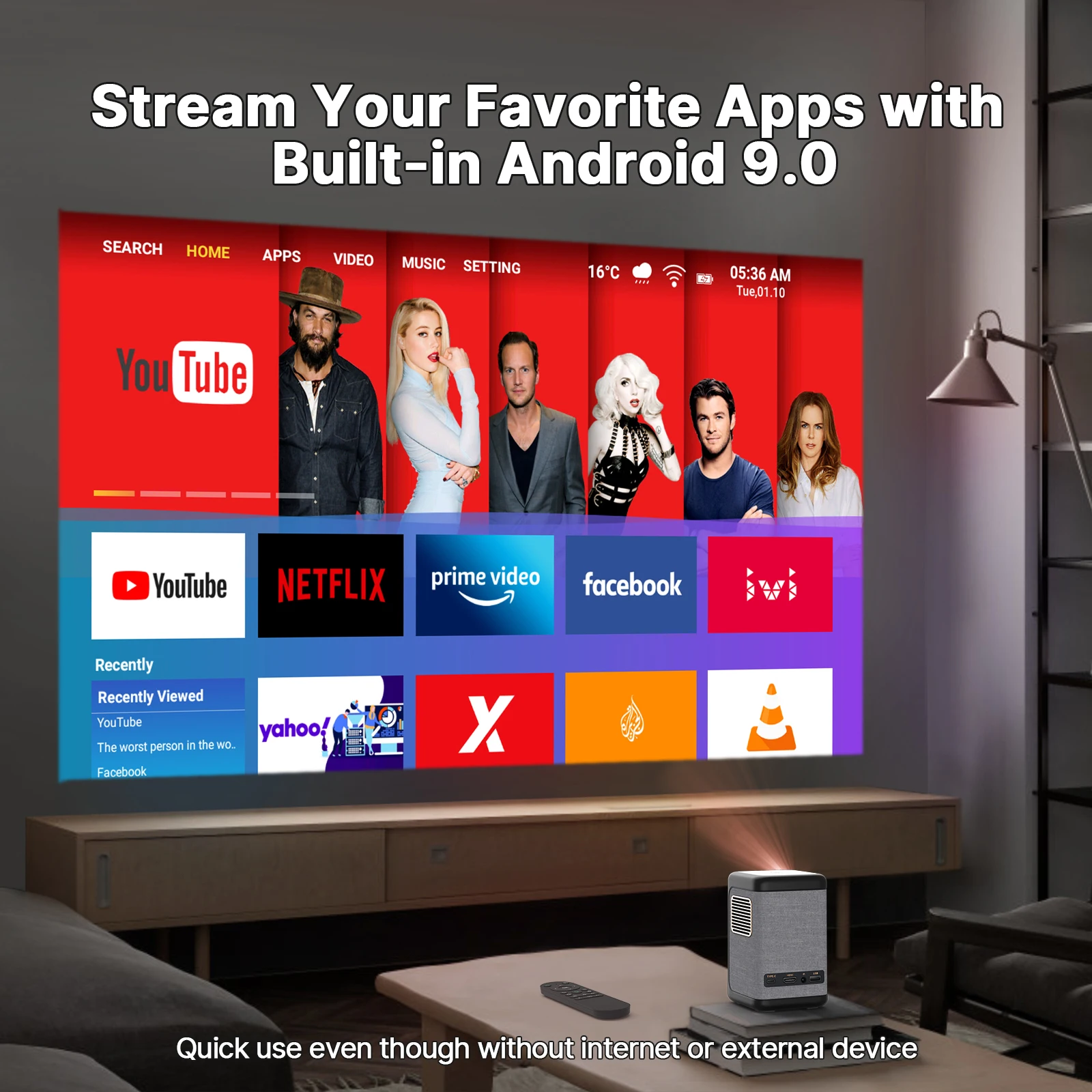 Mini Projector 4K 1080P Support, Portable Projector Android System Outdoor Movie Projector Compatible with Phone