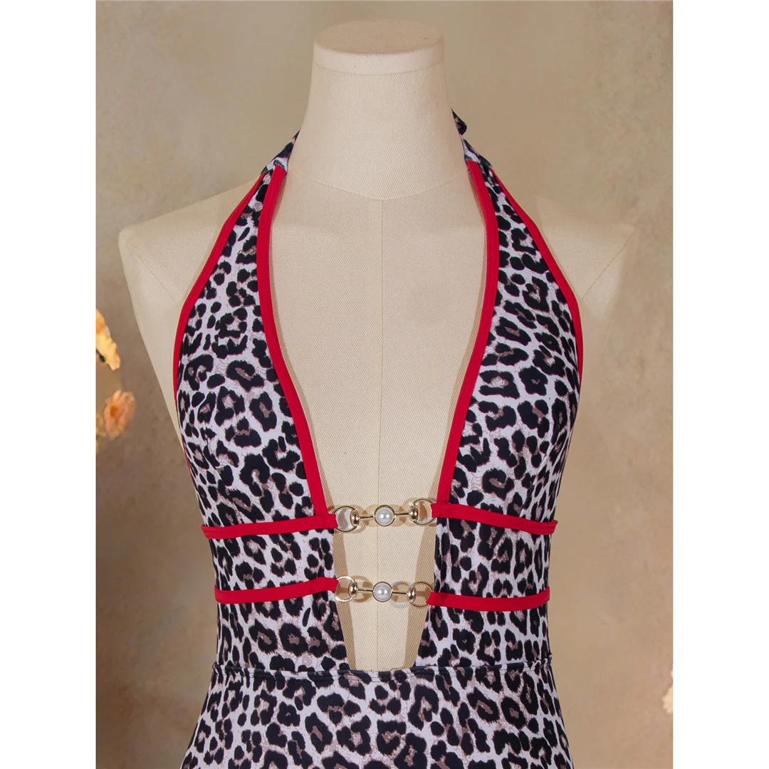 Leopard-Halter-Badeanzug mit tiefem V-Ausschnitt, einteilig, Damen-Bademode, rückenfreies Design, hoher Beinausschnitt, gepolstert, Badeanzug, Modell V7810. – Detail 7