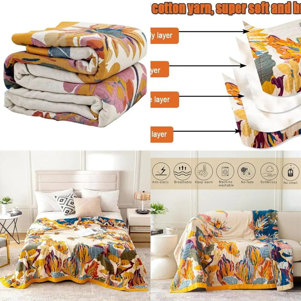 

Floral 100% Cotton Boho Throw Blanket 80x90 - Cozy Muslin Quilt for Couch, Travel, and Home Decor