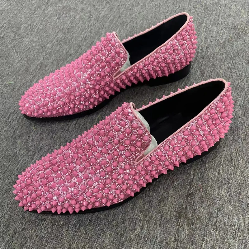 Pink Glitter Rivet Loafers Bulingbuling Men’s Shoes Pointed Head Slip On Calfskin Leisure Wedding Dress Business Single Shoes