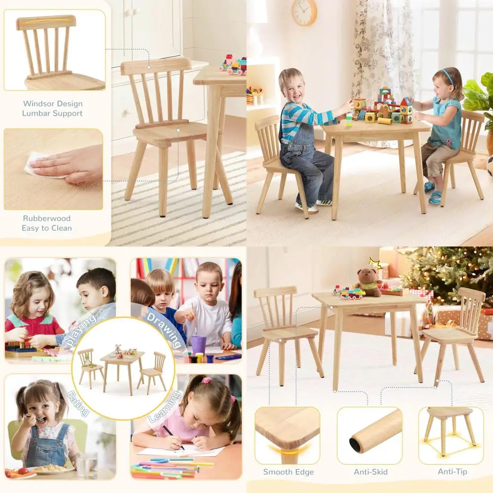 

Natural Wood Toddler Table and Chairs Set with Rubberwood, Non-Slip Legs, and Rounded Edges for Art and Play