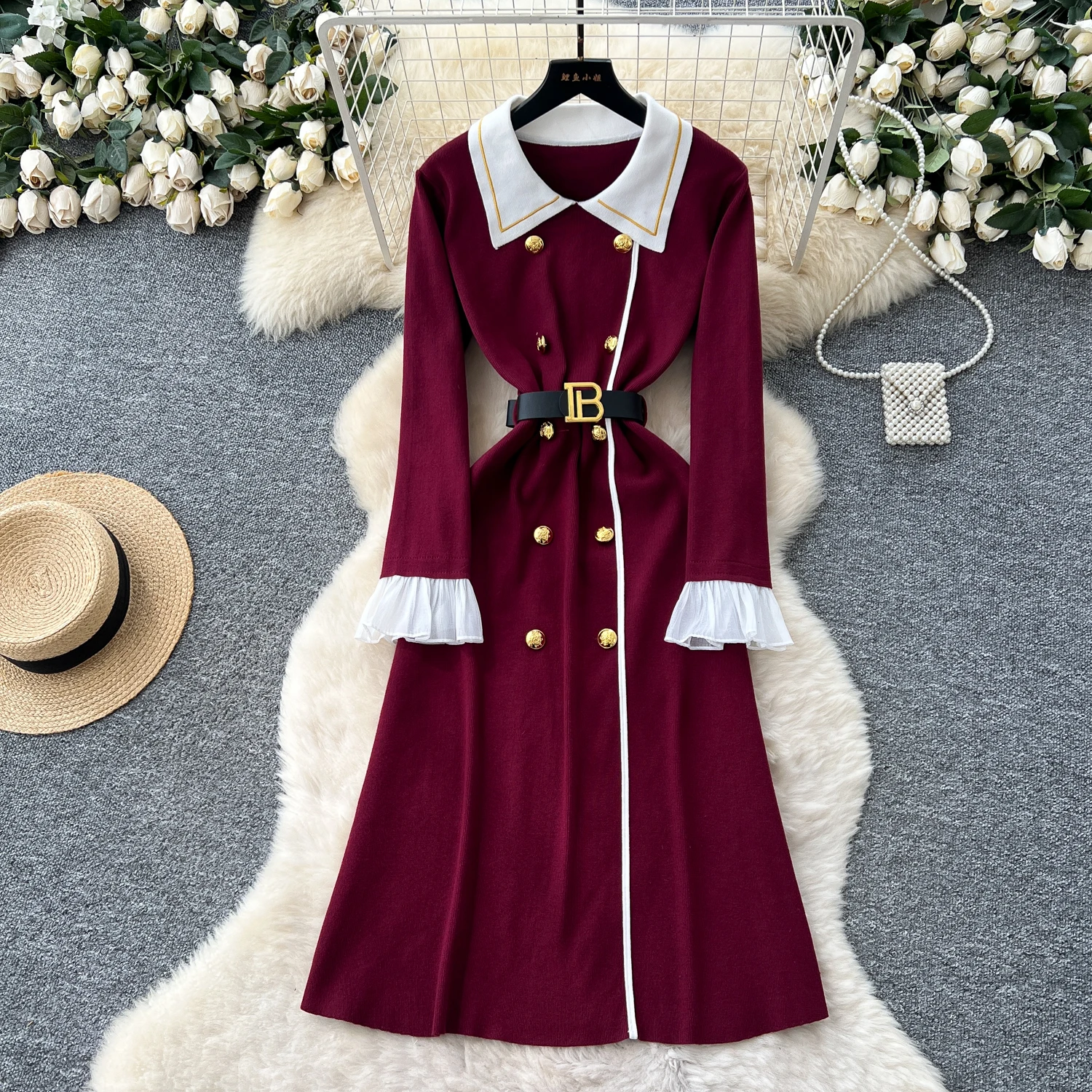 Autumn Small Fragrance Wind Lapel Black Knitted Dress Women's Retro Lapel Color Blocking Double-breasted Sweater Midi Dress