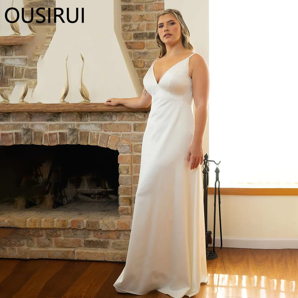 Simple V-enck Satin Solid Wedding Bridal Dress Sheath Lace up Long Court Wedding Party Gown Vestido de novia