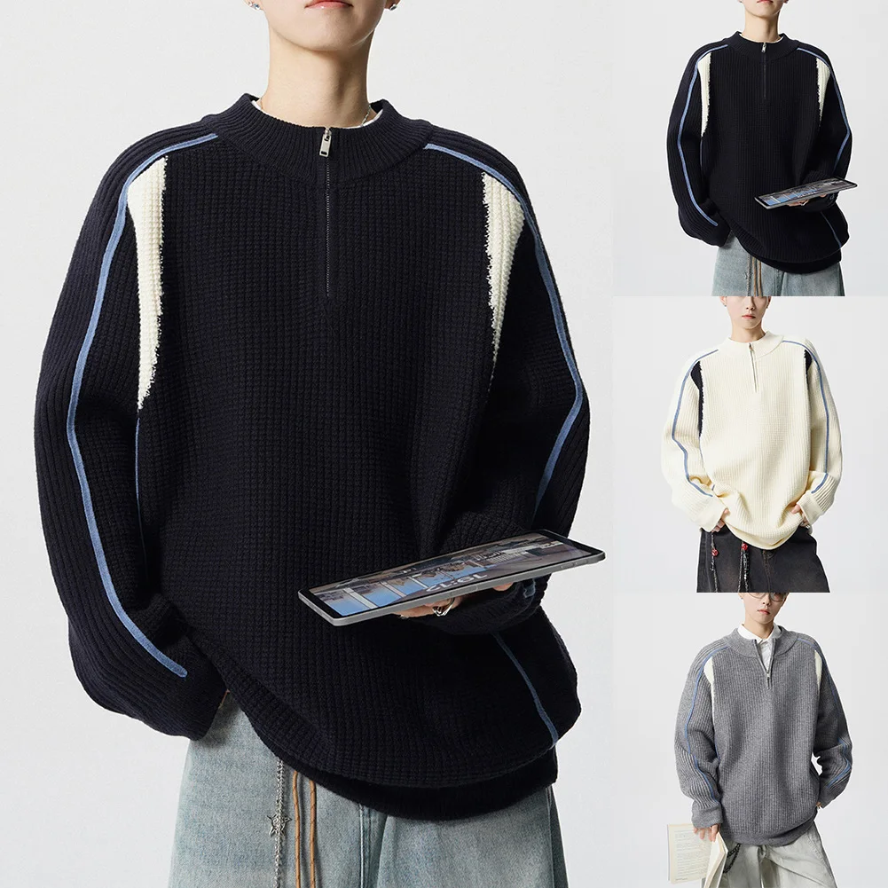 

2025 New Men's Sweater Mesh Half-Zip Design Warm Knitted Contrast Color Long Sleeve Tops
