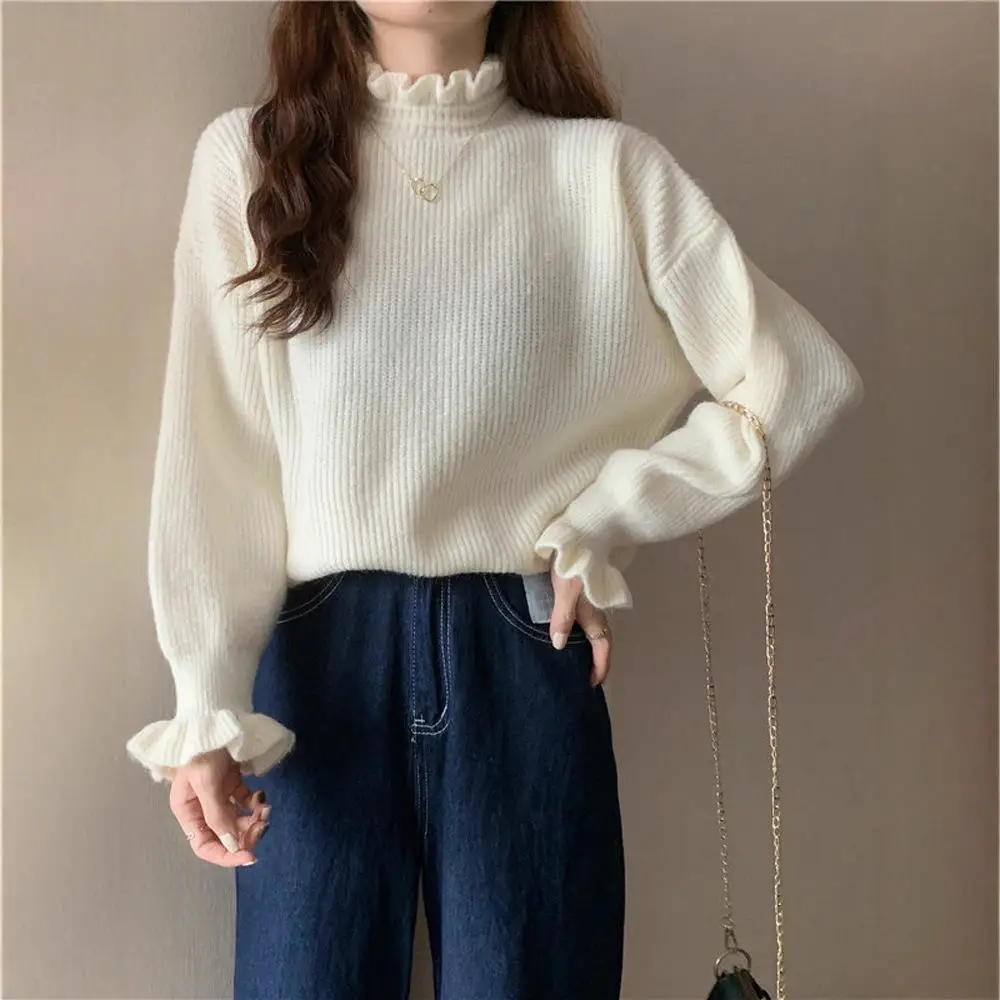 

Women's Knitted Sweater Half High Collar Inner Wear Spring Autumn New Style Fashionable Wood Grain Base Shirt Trendy Top