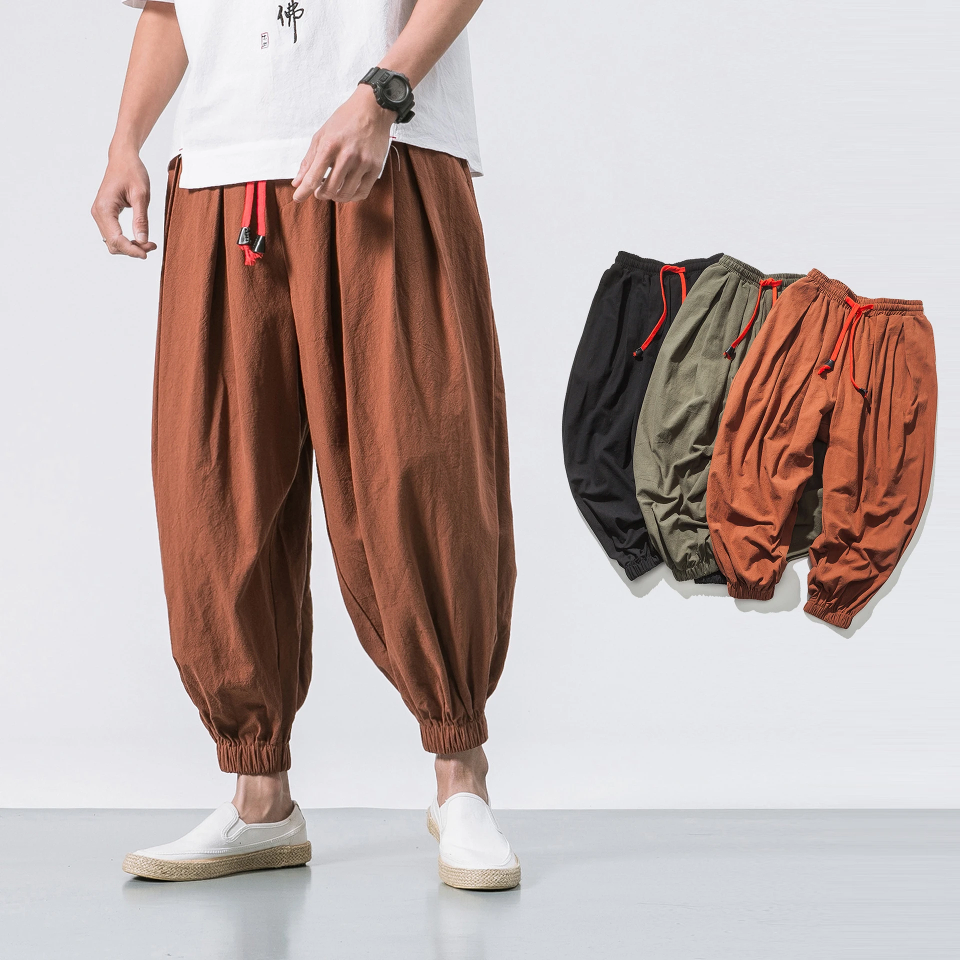 Cotton Linen Harem Pants Men Solid Elastic Waist Streetwear Joggers Baggy Pants Spring Men Loose Casual Trousers Men Sweatpants