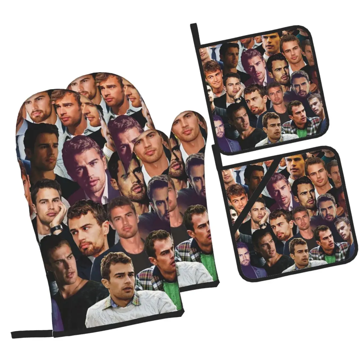 Theo James Photo Collage Oven Mitts and Pot Holder Sets of 4 for Baking Kitchen Cooking Grilling Resistant Non-Slip Gloves
