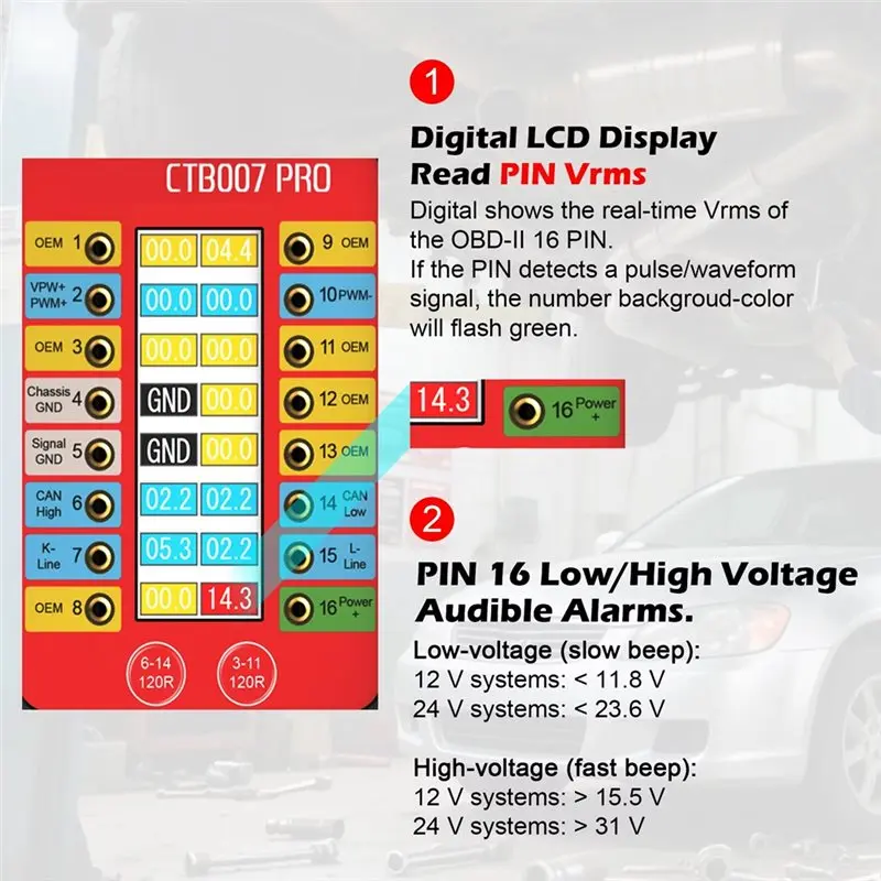 B44C OBD2 Breakout Box CTB007 PRO With LCD Digital Vrms Display, ECU Testing Tool Automotive Diagnostic Tool On Bench
