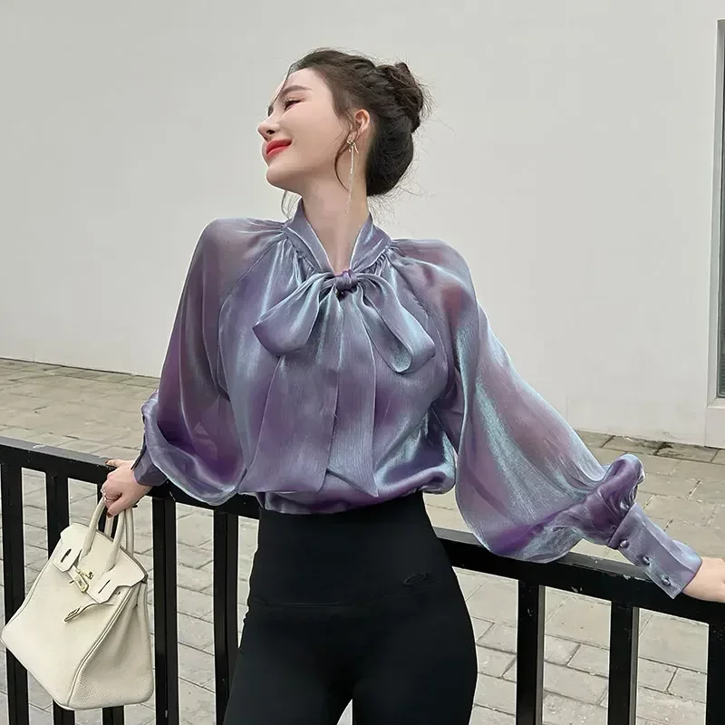 Chiffon Frauen Shirts Sommer 2023 Solide Langarm Mode Y2k Blusen Lose Koreanische Top Bogen Neue Casual Blusa