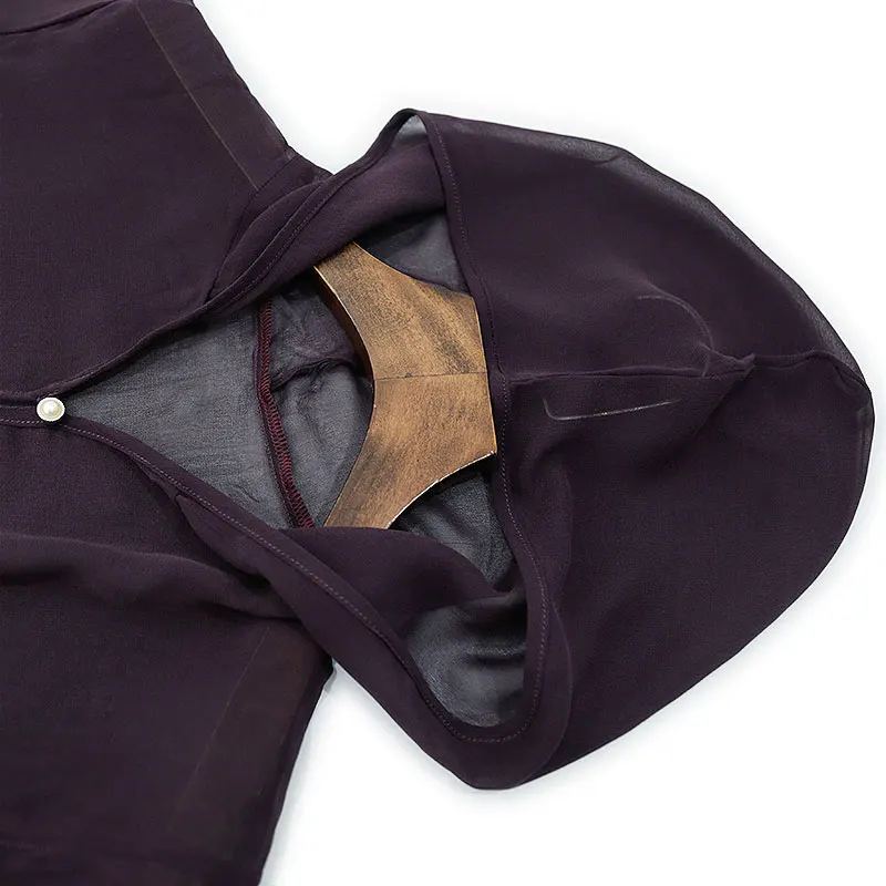 Mist Coffee Purple 100% Natural Mulberry Silk Georgette Women's Casual Hooded T-shirt Beach Long Sleeved Sunscreen Clothing