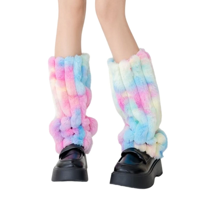 Tie Dye Plush Furry Leg Warmers for Women Winter Knitted Boot Toppers Thick Fuzzy Boot Cuffs Covers Warm Footless Socks