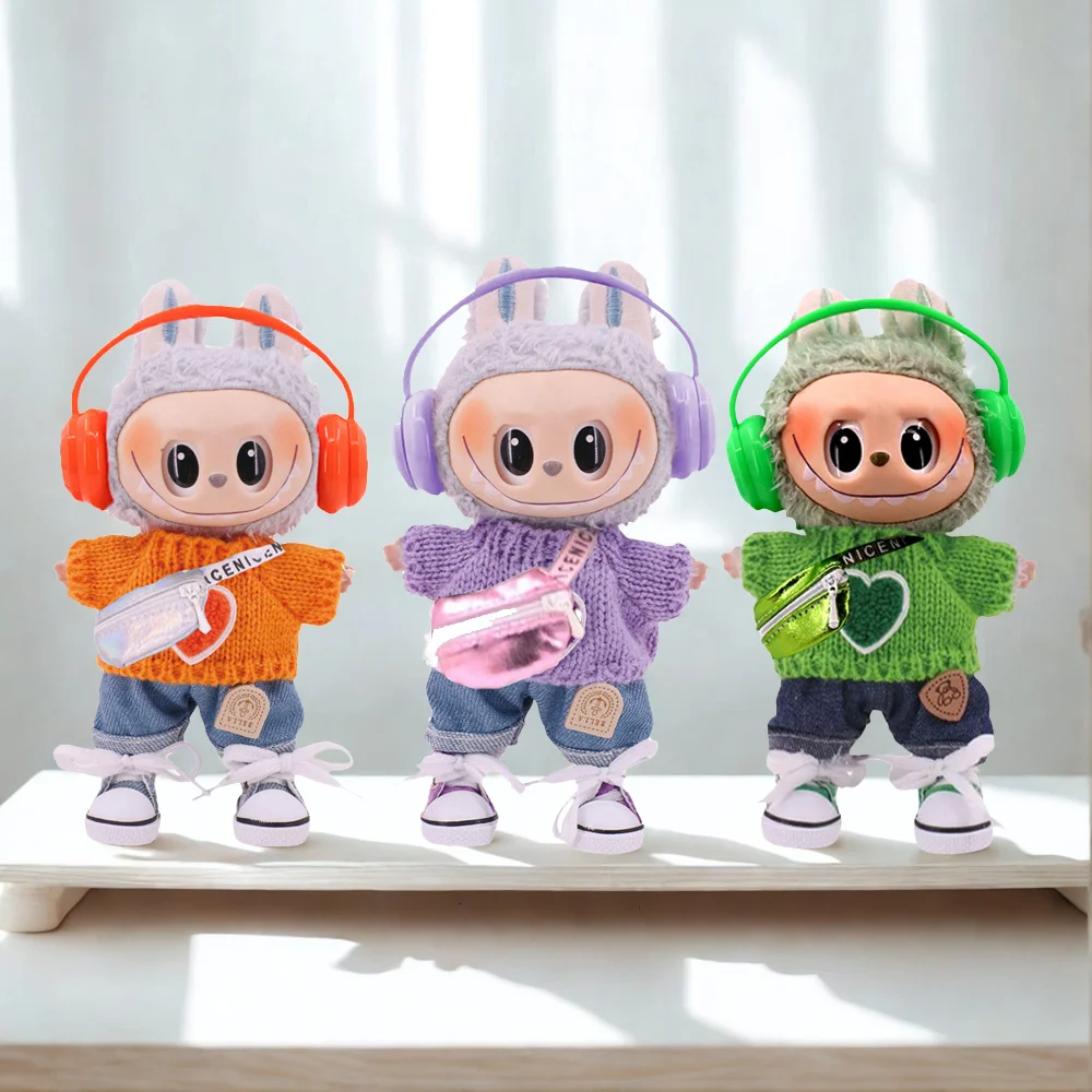

Одежда для куклы Labubu 17 см, 5 шт./компл., свитер + джинсы + обувь 3,8 см + наушники + сумка для Labubu 1 и 2, детские игрушки, подарок на день рождения