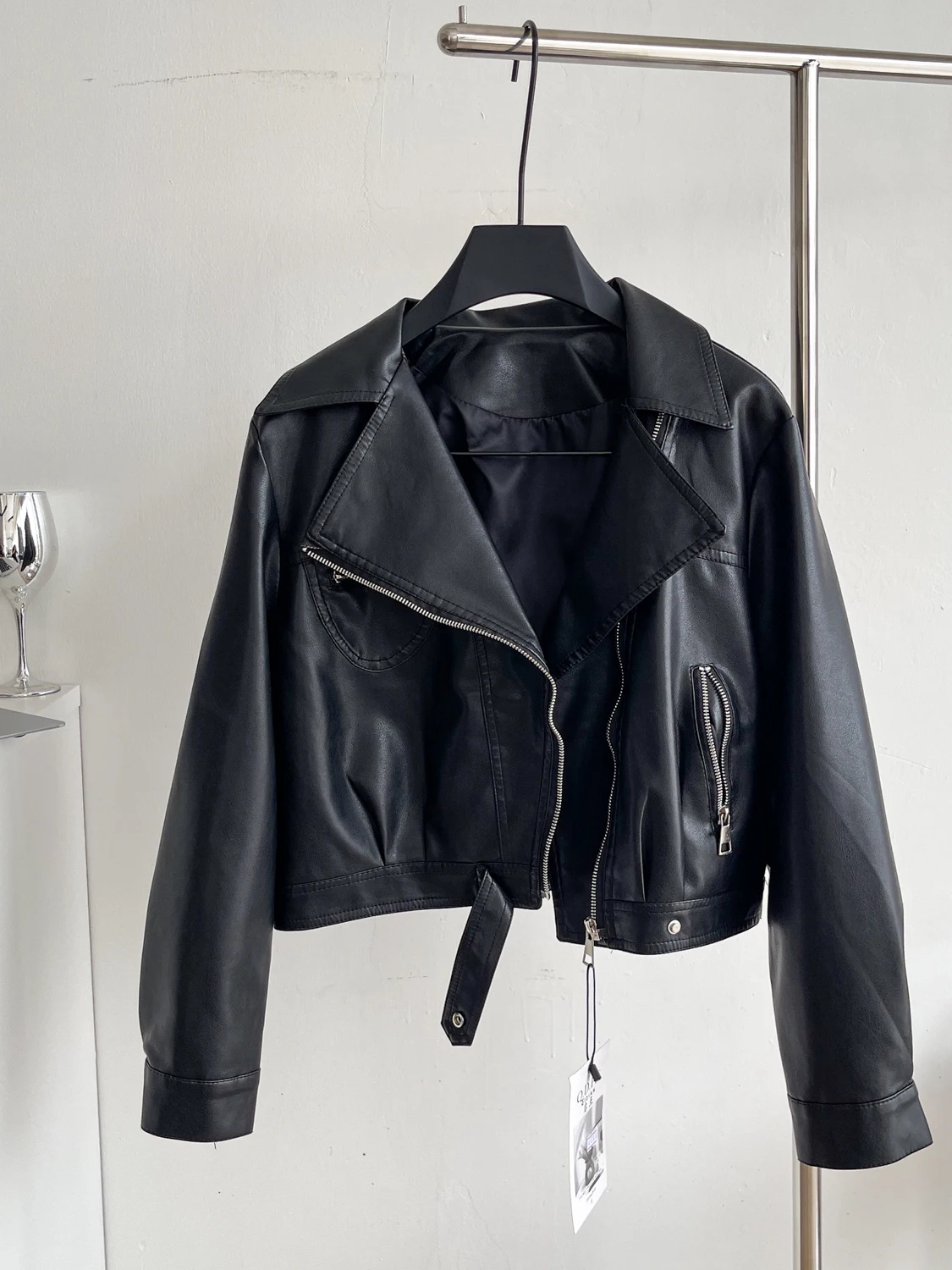 Jaet de couro retrô americano feminino inverno gola virada para baixo rua versátil casual roupas de motociclista top