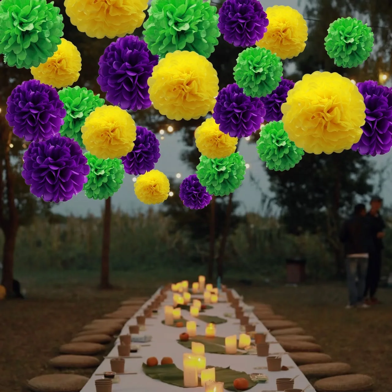 6/18pack Mardi Gras Party Decorations, Purple Green Yellow Tissue Paper Lanterns and Pom Poms for Birthday and Mardi Gras Party