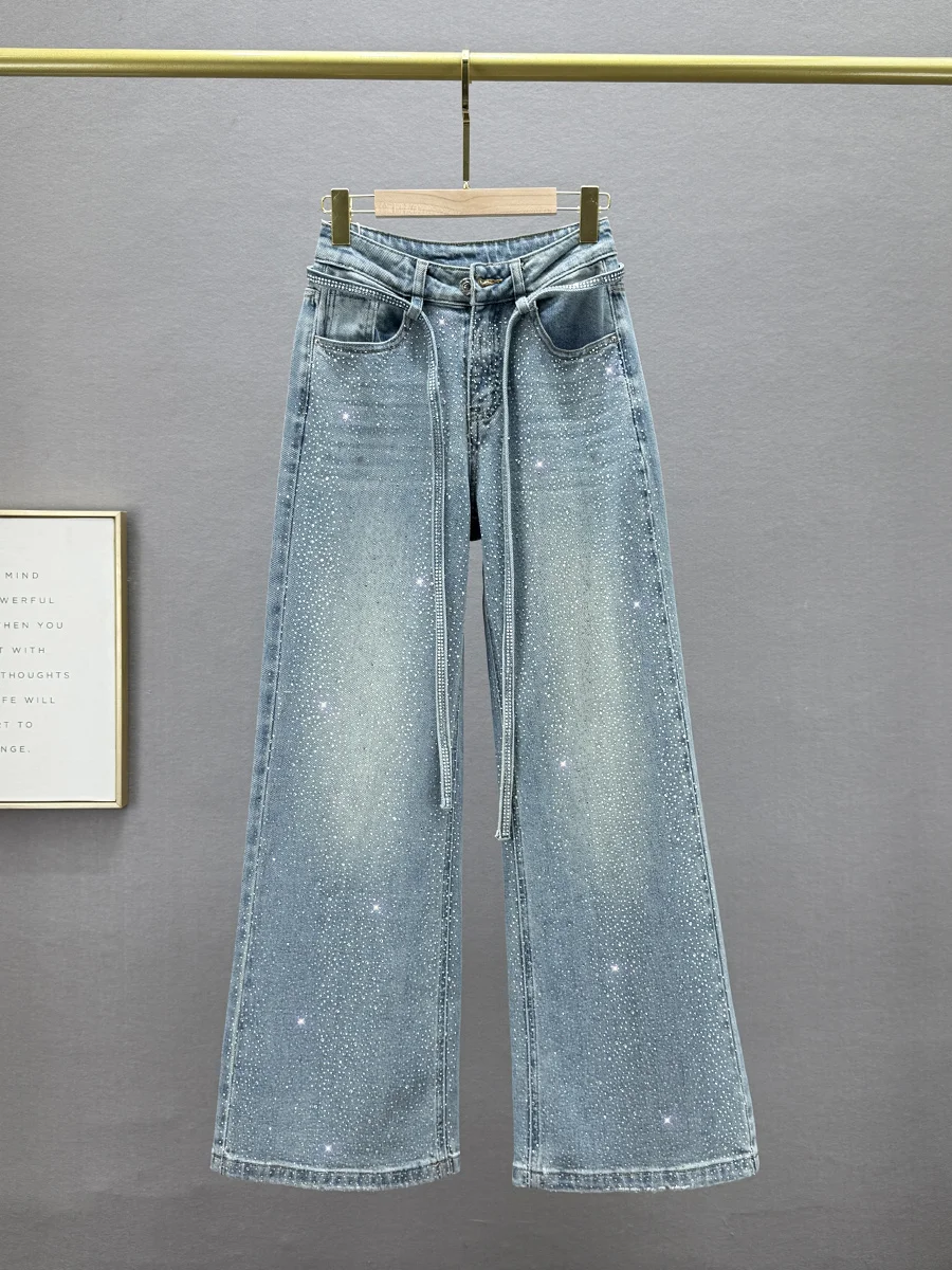 

High Waist Wide Leg Jeans Women's Trendy Spring New Loose Slimming Diamond Embellied Floor-Length Trousers Casual Loose Fit