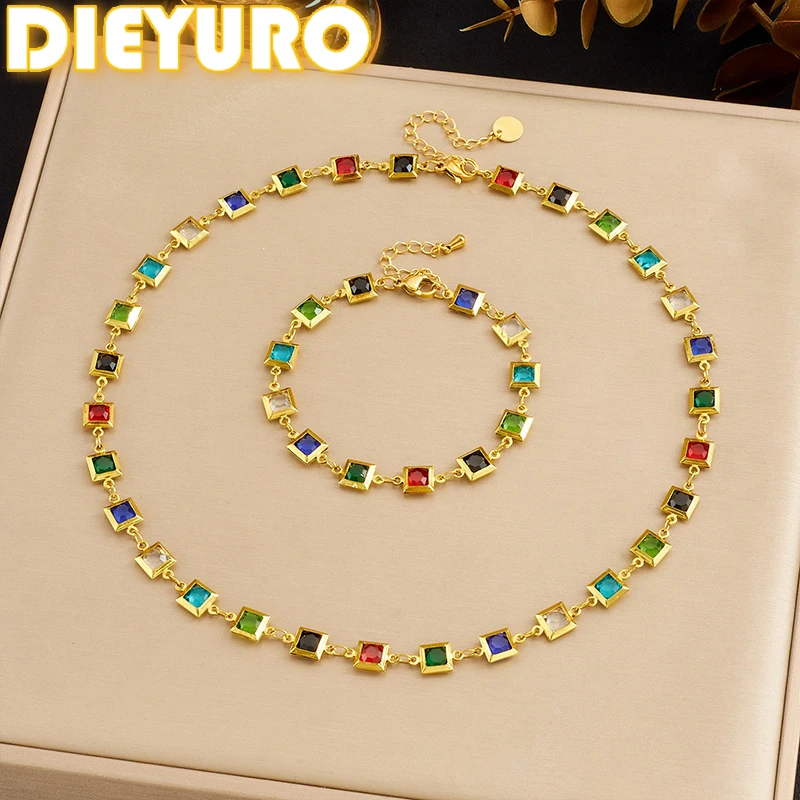 DIEYURO 316L Stainless Steel Colored Square Rhinestones Splicing Necklace Bracelet Set Lady Fashion Classic Waterproof Jewelry