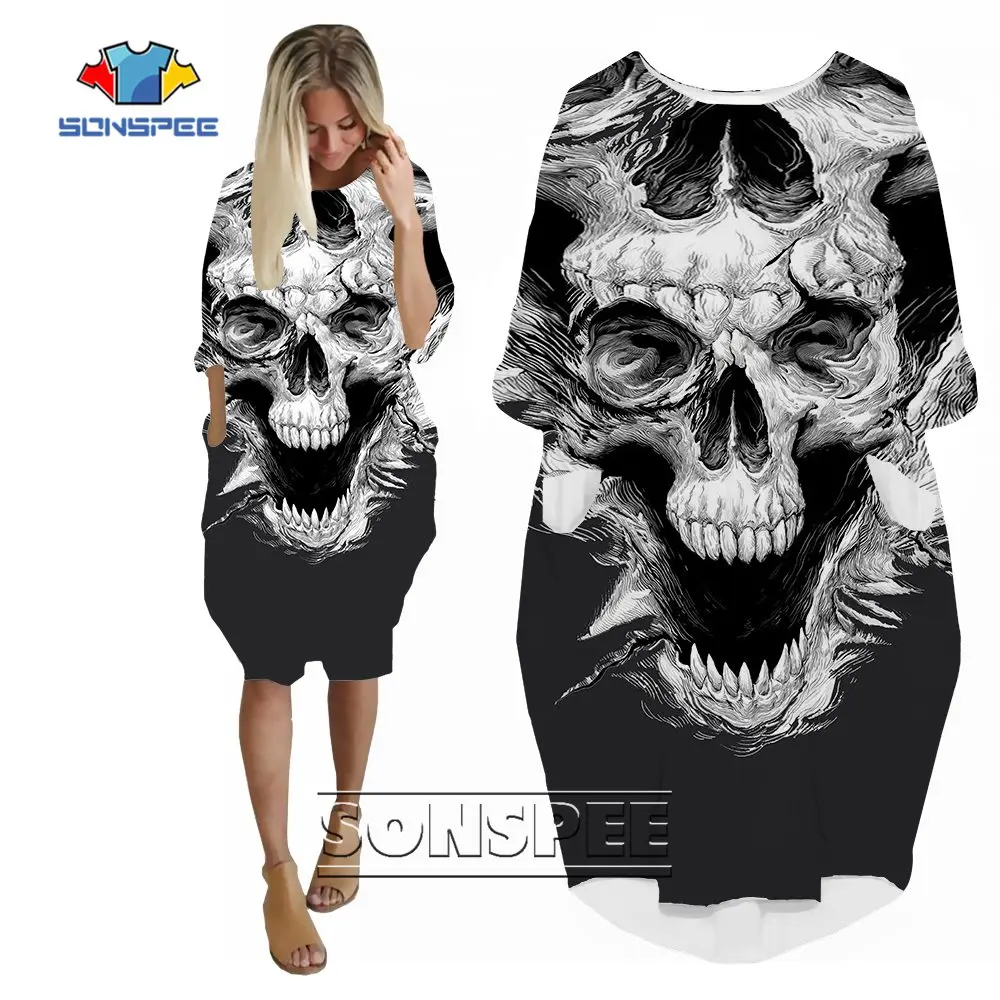 SONSPEE Black and White Image Abstract Skull 3D Print Women's Dress Amazing Designs Long Sleeve Pocket Skirt Loose Streetwear