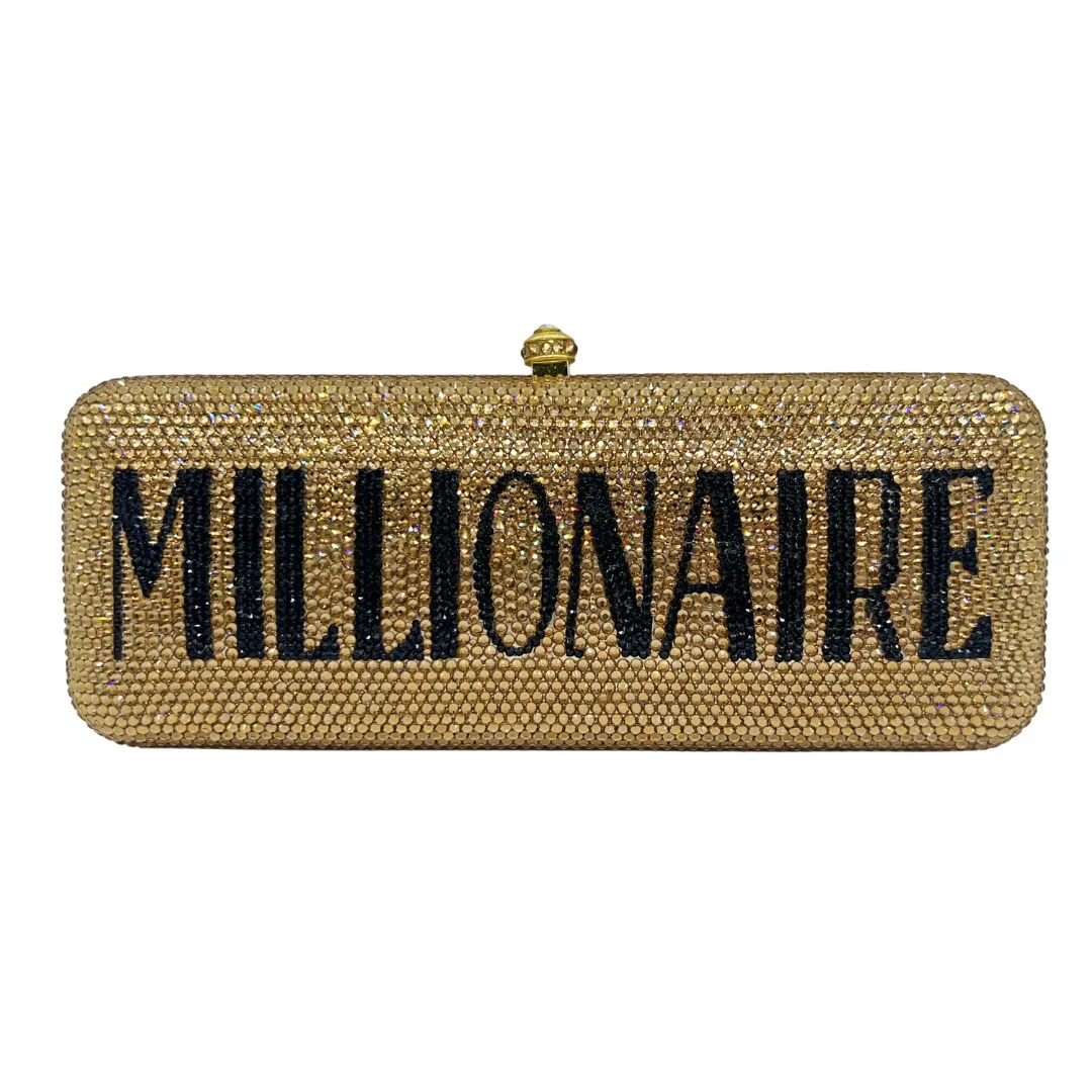 

WHTUOHEN Gold Crystal Diamond Clutch Bag Black Letter Rhinestone Evening Handbag for Wedding Party Bridal Dinner Long Purse