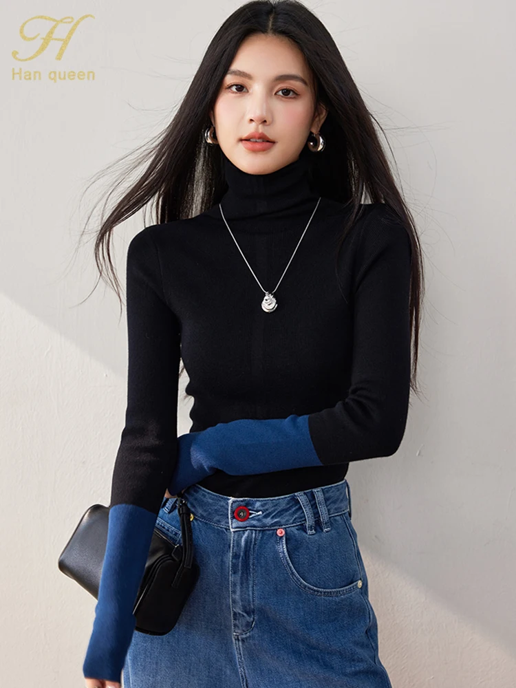 H Han Queen 2024 Autumn Winter Knitwear Elegant Colorblock Pullovers Sweaters Womens New Korean Loose Casual Vintage Office Tops