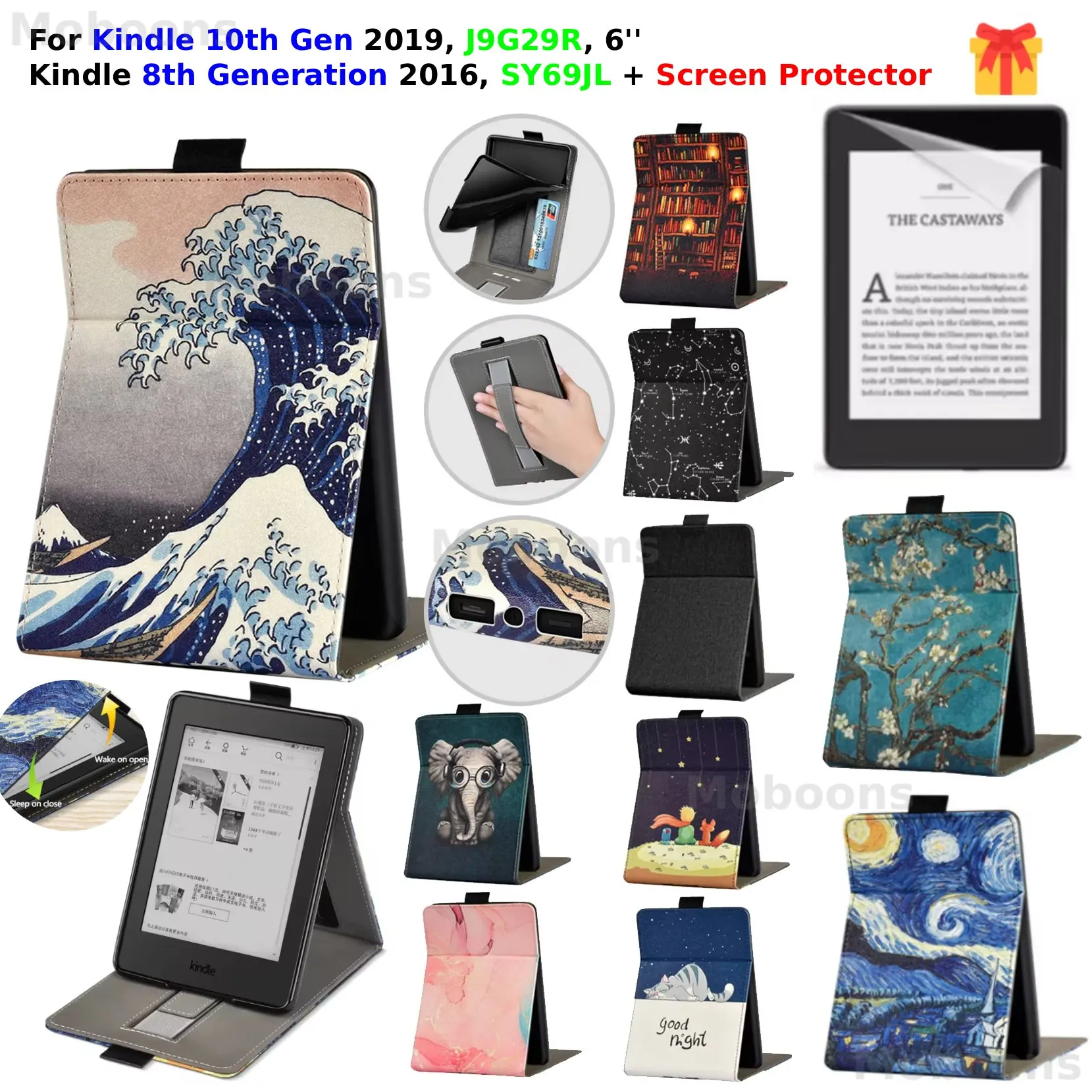 For Kindle 10th 8th Gen Case + Screen Protector J9G29R SY69JL 6'' Hand Strap Card Slots Wake/Sleep 2019 2016 Flip Stand Cover