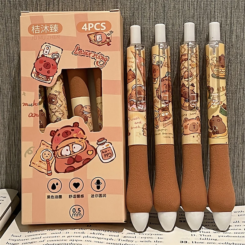 4Pcs/set Cute Capybara Gel Pen Black Ink Writing Smooth Soft Pen Grip Stationery Cartoon Pen Office Accessories School Supplies