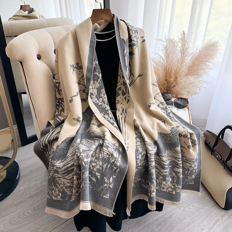 Women Winter Cashmere Scarf White Crane and Bamboo Forest Pashmina Luxury Brand Shawls and Wraps Bufanda Echarpe Warm Blanket