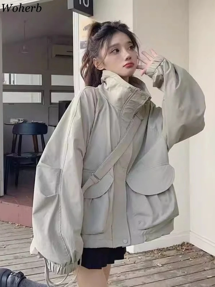 

Autumn Woman Casual Loose Korean Jacket Stand Neck All Match Pocket Jackets Fashion Vintage Solid Zipper Clothes 2025 Ropa Mujer