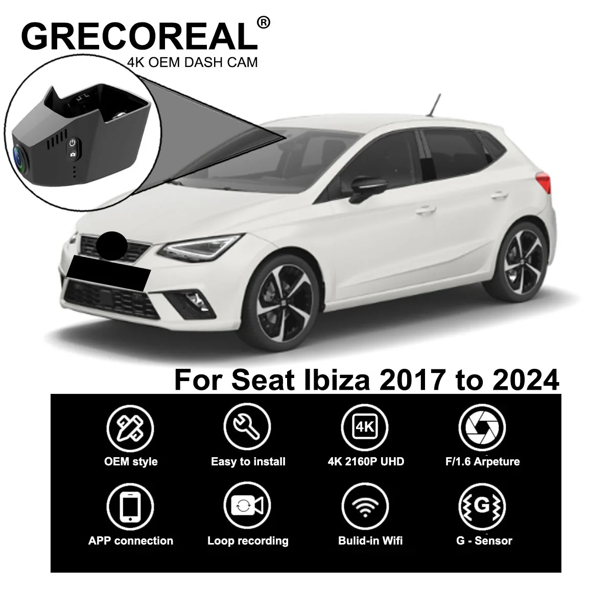 GRECOREAL 4K Dash Cam Front Rear 2160P WiFi Dual Camera Dashcam APP Control Easy Install Plug Play Compatible with Seat Ibiza